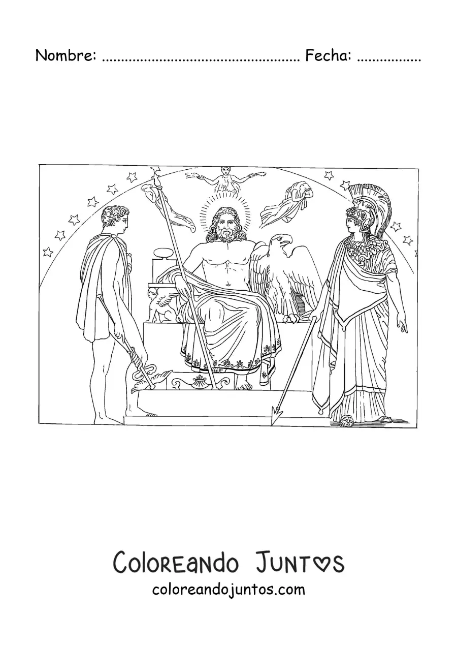 Imagen para colorear de Zeus con Atenea y Hermes en su trono en el Olimpo