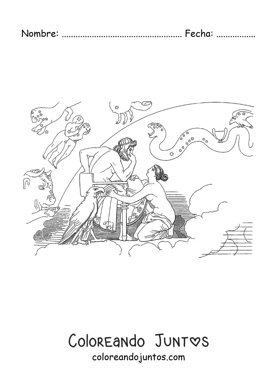 Imagen para colorear de Tetis y Zeus en su trono