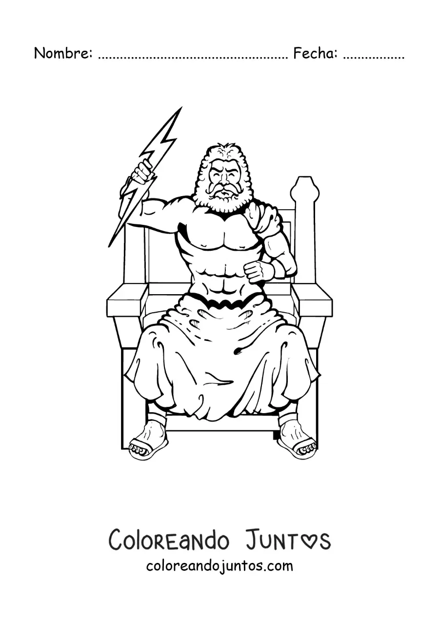 Imagen para colorear del dios Zeus lanzando un rayo en su trono