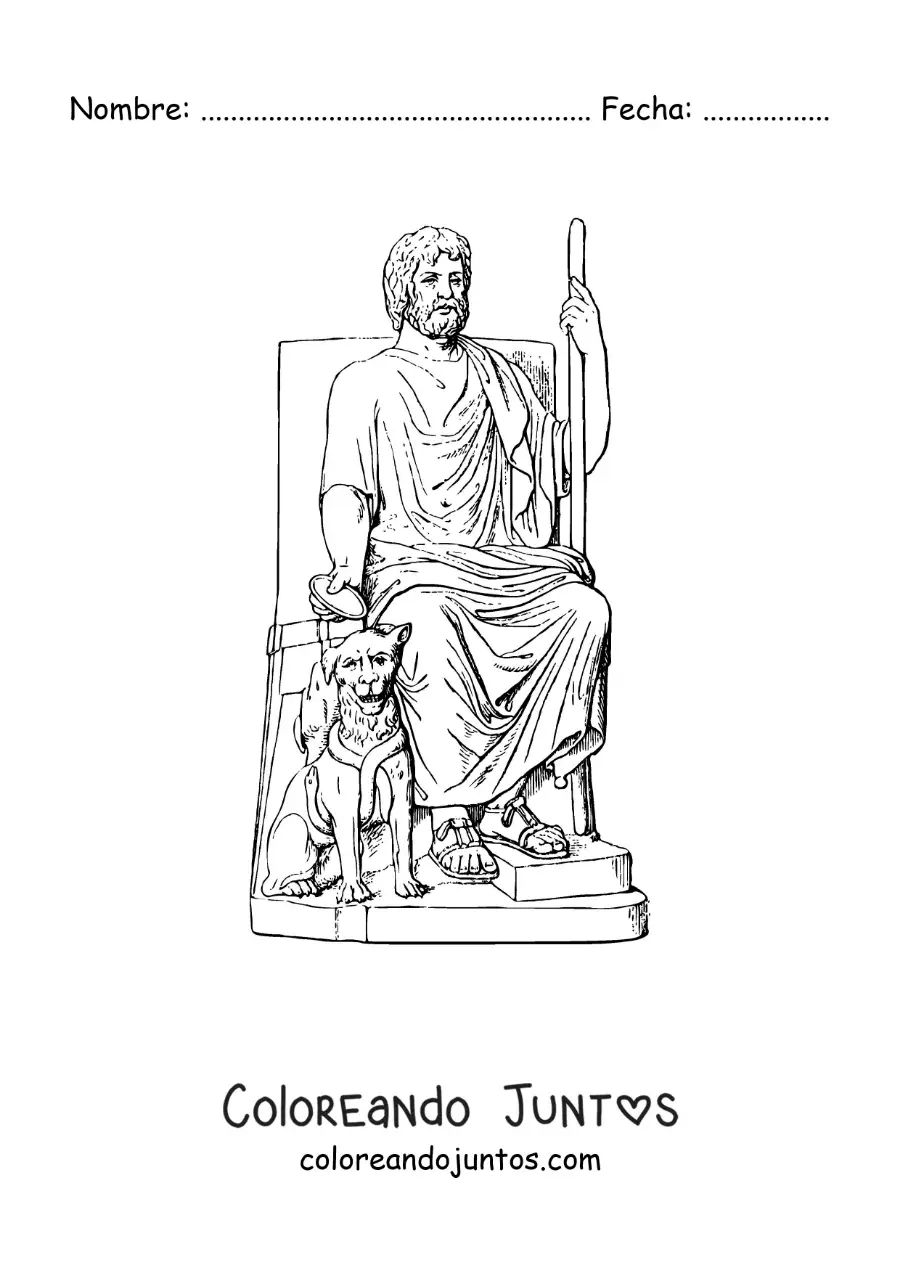 Imagen para colorear del dios Hades realista en su trono con Cerbero