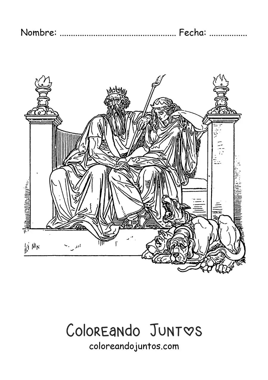Imagen para colorear de Hades y Perséfone en el inframundo con Cerbero