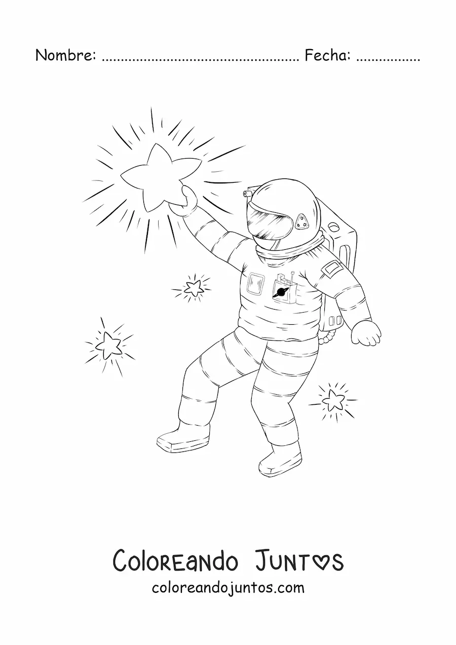 Imagen para colorear de un astronauta alcanzando una estrella con su brazo