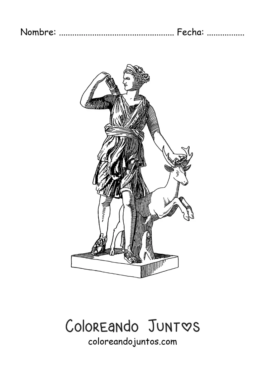 Imagen para colorear de estatua de Artemisa y un ciervo