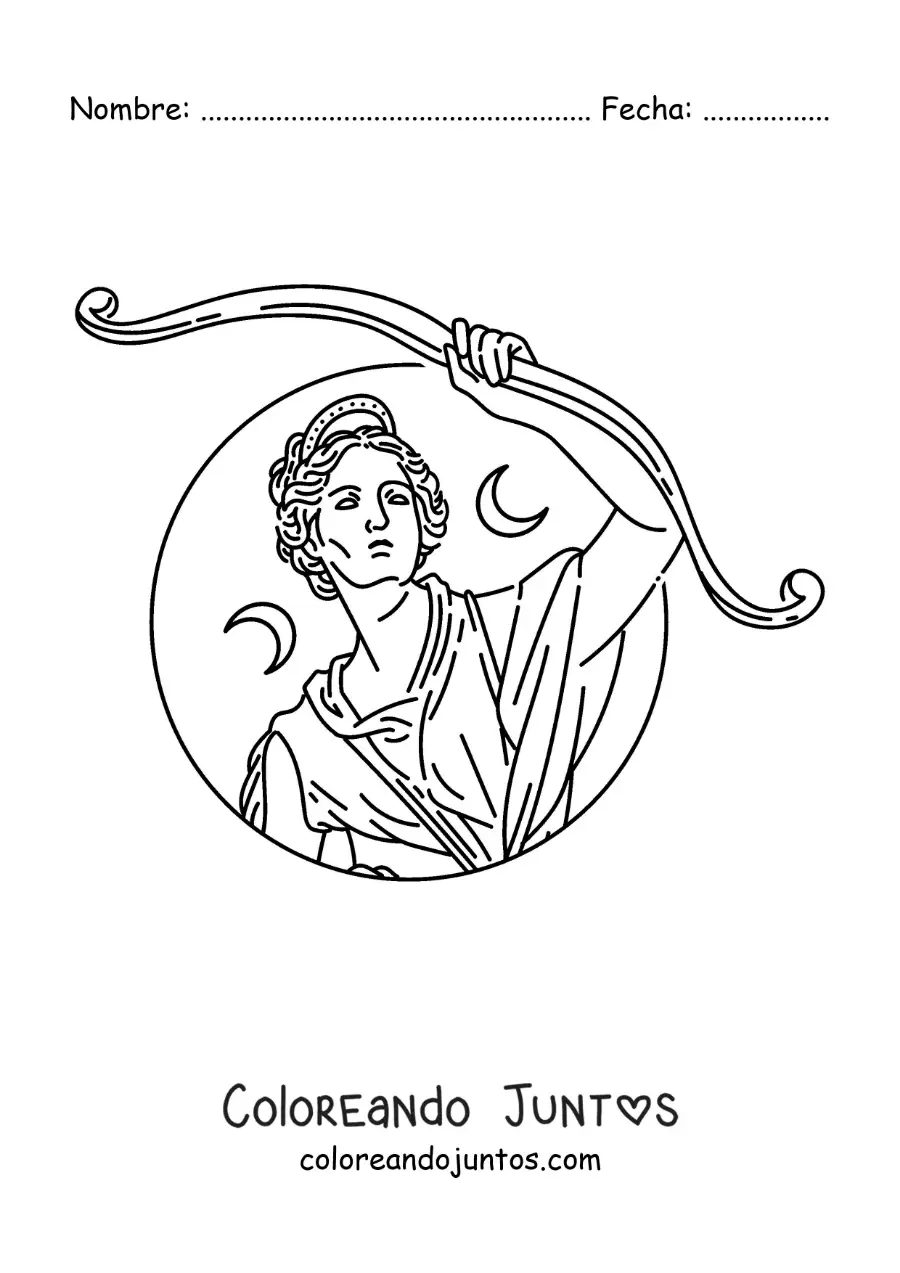 Imagen para colorear de la diosa Diana con su arco
