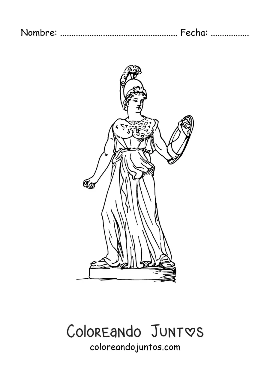 Imagen para colorear de estatua de la diosa griega Atenea realista con su escudo