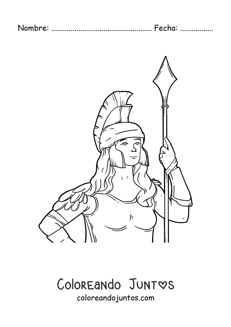 Imagen para colorear de Atenea con su casco y su lanza en un estilo realista