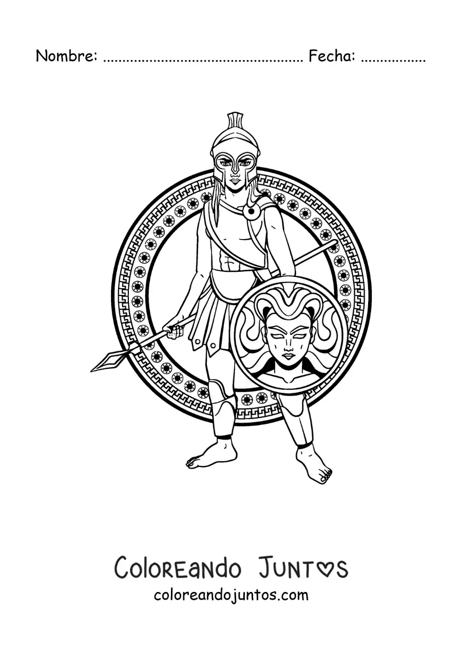 Imagen para colorear de la diosa griega Atenea animada con su escudo y su casco
