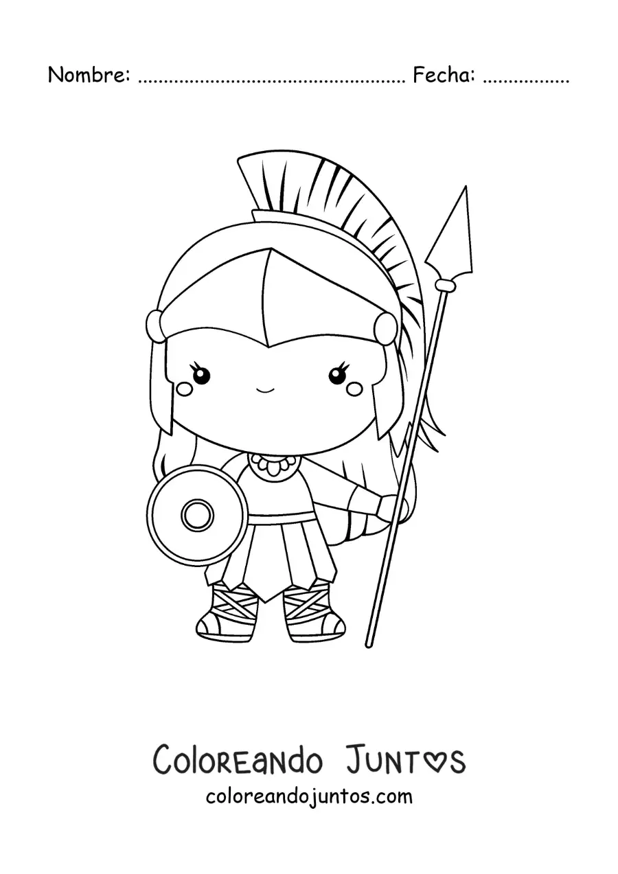Imagen para colorear de Atenea kawaii animada con su escudo y su casco