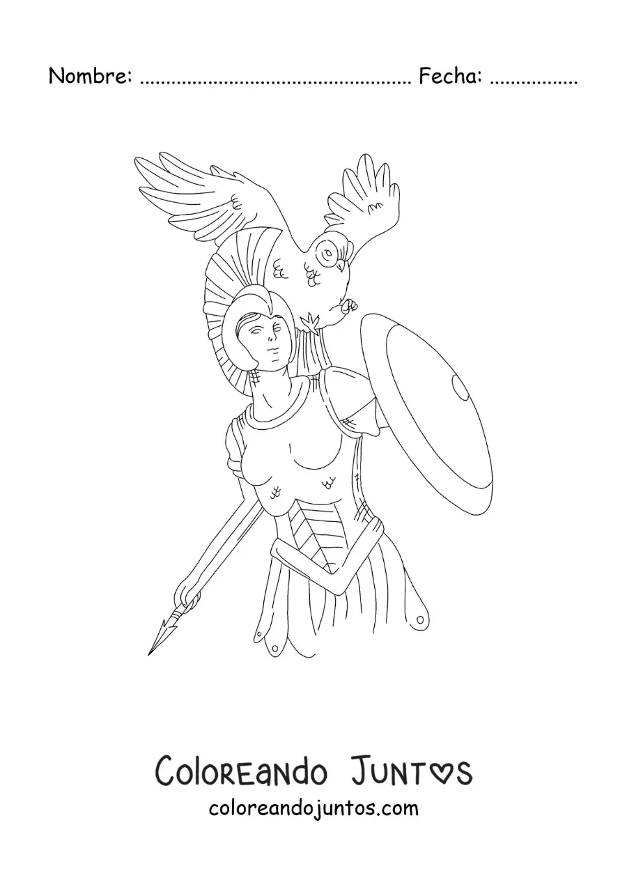 Imagen para colorear de la diosa Atenea con su búho y escudo en un estilo realista