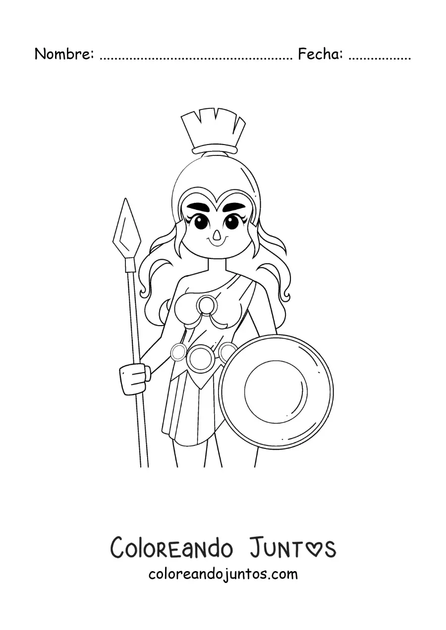 Imagen para colorear de la diosa Atenea con su casco y escudo en un estilo animado