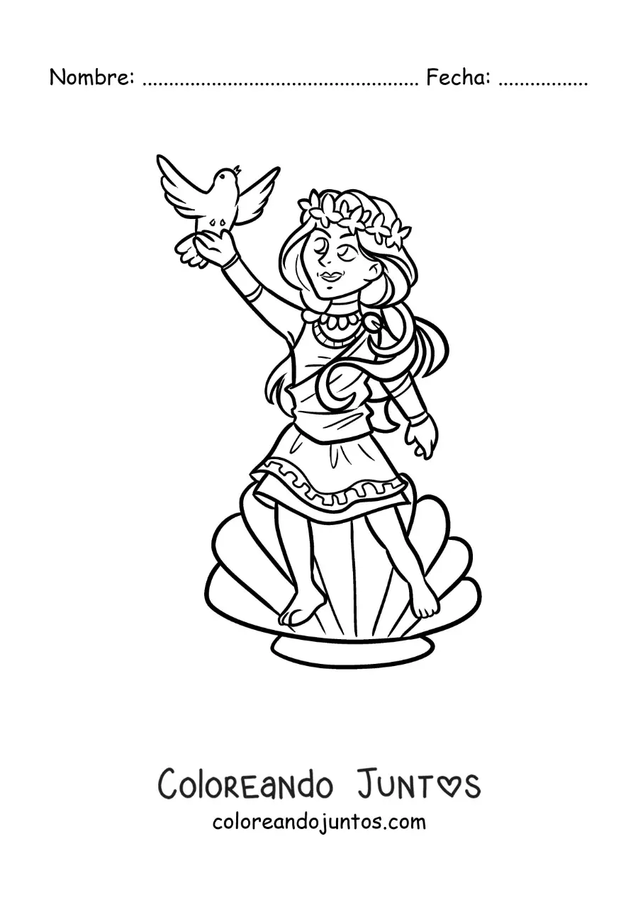 Imagen para colorear de la diosa Afrodita animada con una concha marina y una paloma