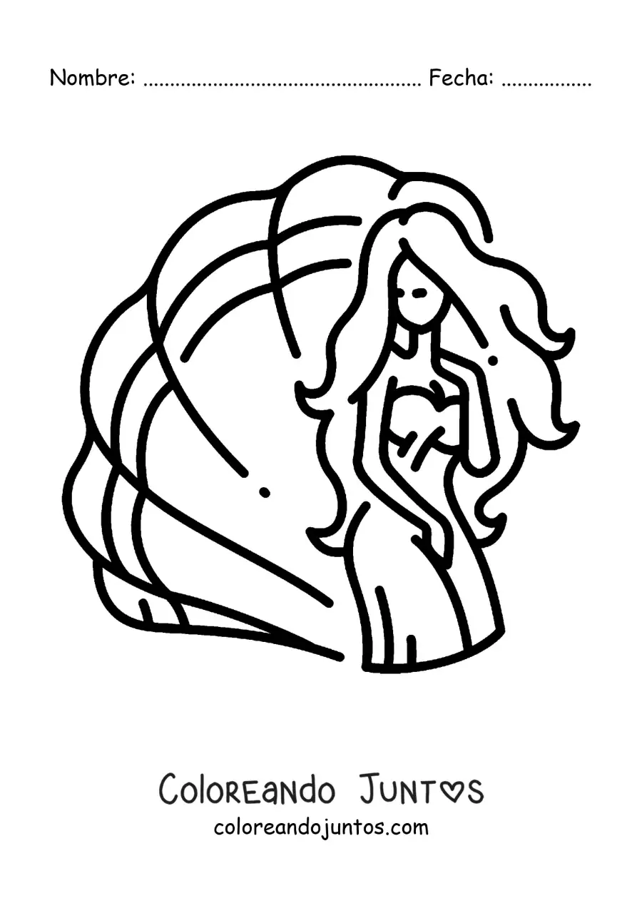 Imagen para colorear de Afrodita la diosa griega animada con una concha de vieira