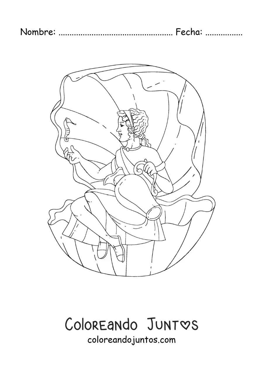 Imagen para colorear de Afrodita la diosa sentada en una concha marina