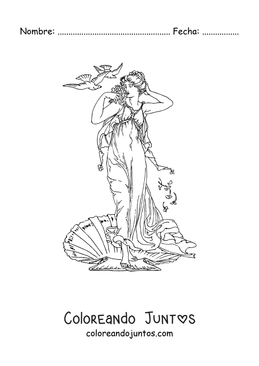 Imagen para colorear del nacimiento de Venus la diosa del amor