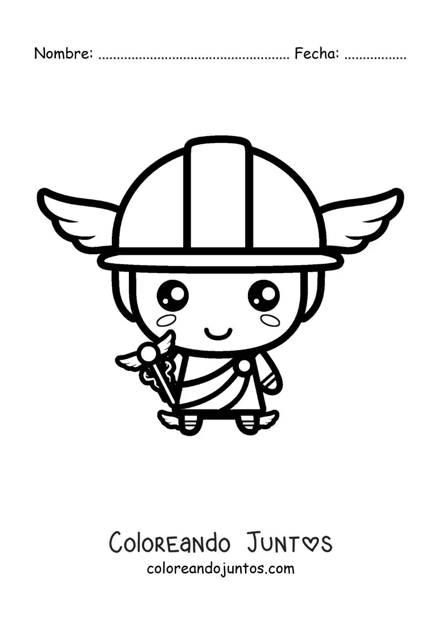Imagen para colorear de Hermes kawaii con su casco y su bastón