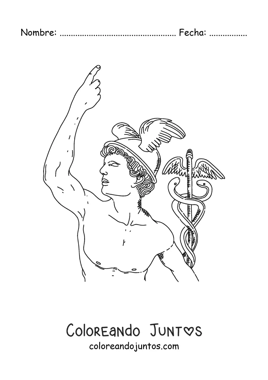 Imagen para colorear de estatua realista de Hermes con su casco y su bastón