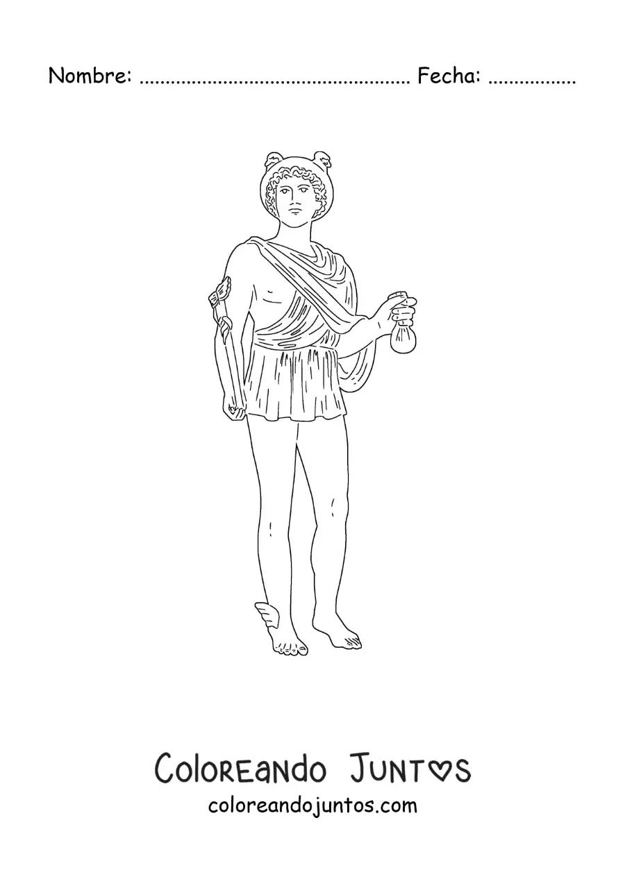 Imagen para colorear del dios griego mensajero Hermes con su casco alado