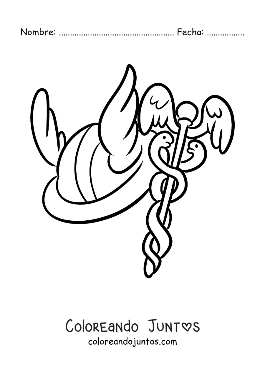 Imagen para colorear del casco alado de Hermes y el caduceo