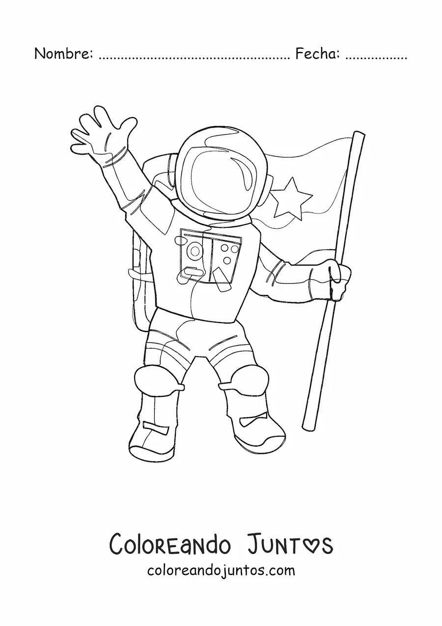 Imagen para colorear de un astronauta en traje espacial saludando sosteniendo una bandera