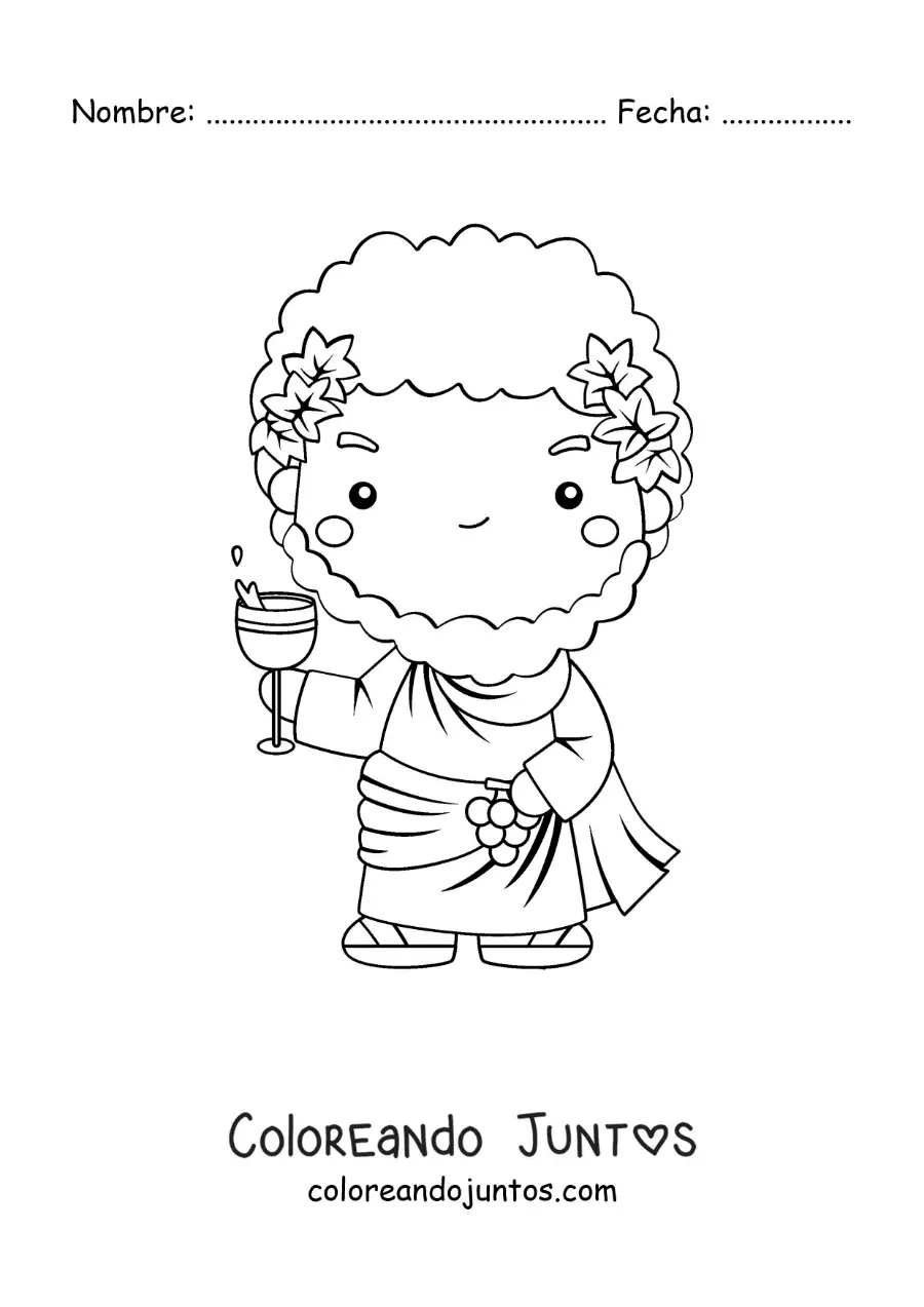 Imagen para colorear del dios del vino Dionisio animado kawaii tomando vino