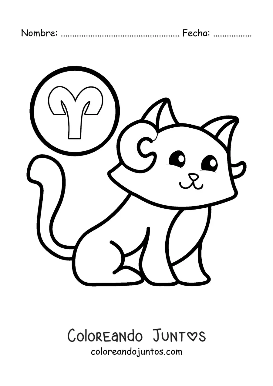Imagen para colorear de gato animado del signo aries con su símbolo