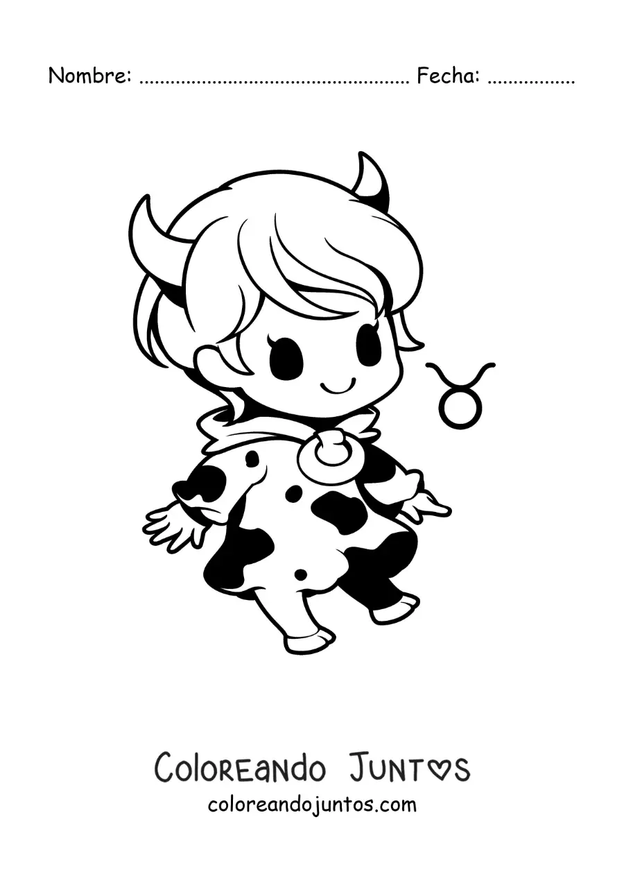 Imagen para colorear de chica del signo tauro animada kawaii con su símbolo
