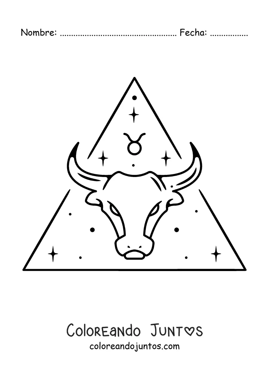 Imagen para colorear de toro del signo tauro con su símbolo y estrellas