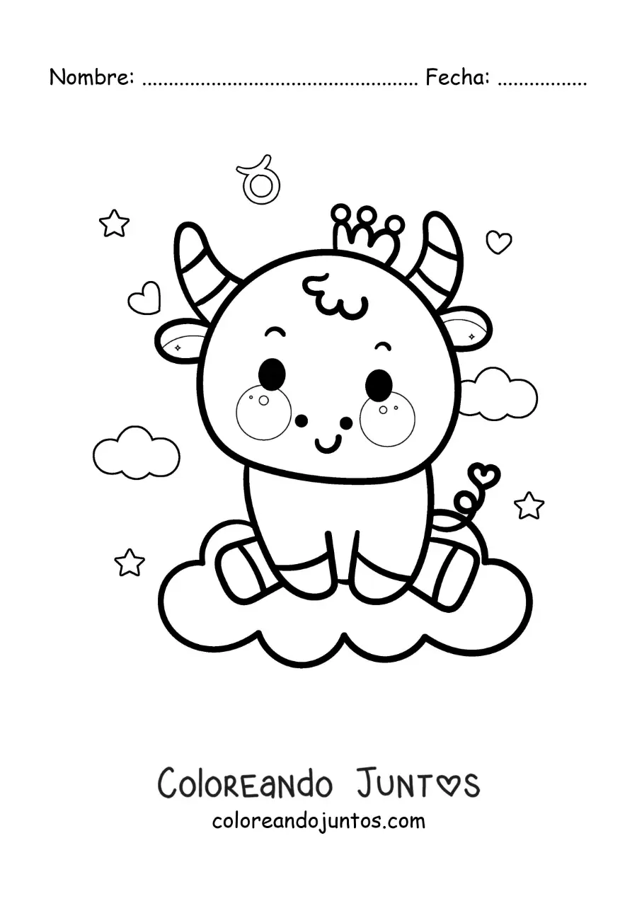 Imagen para colorear de toro del signo tauro animado kawaii con su símbolo