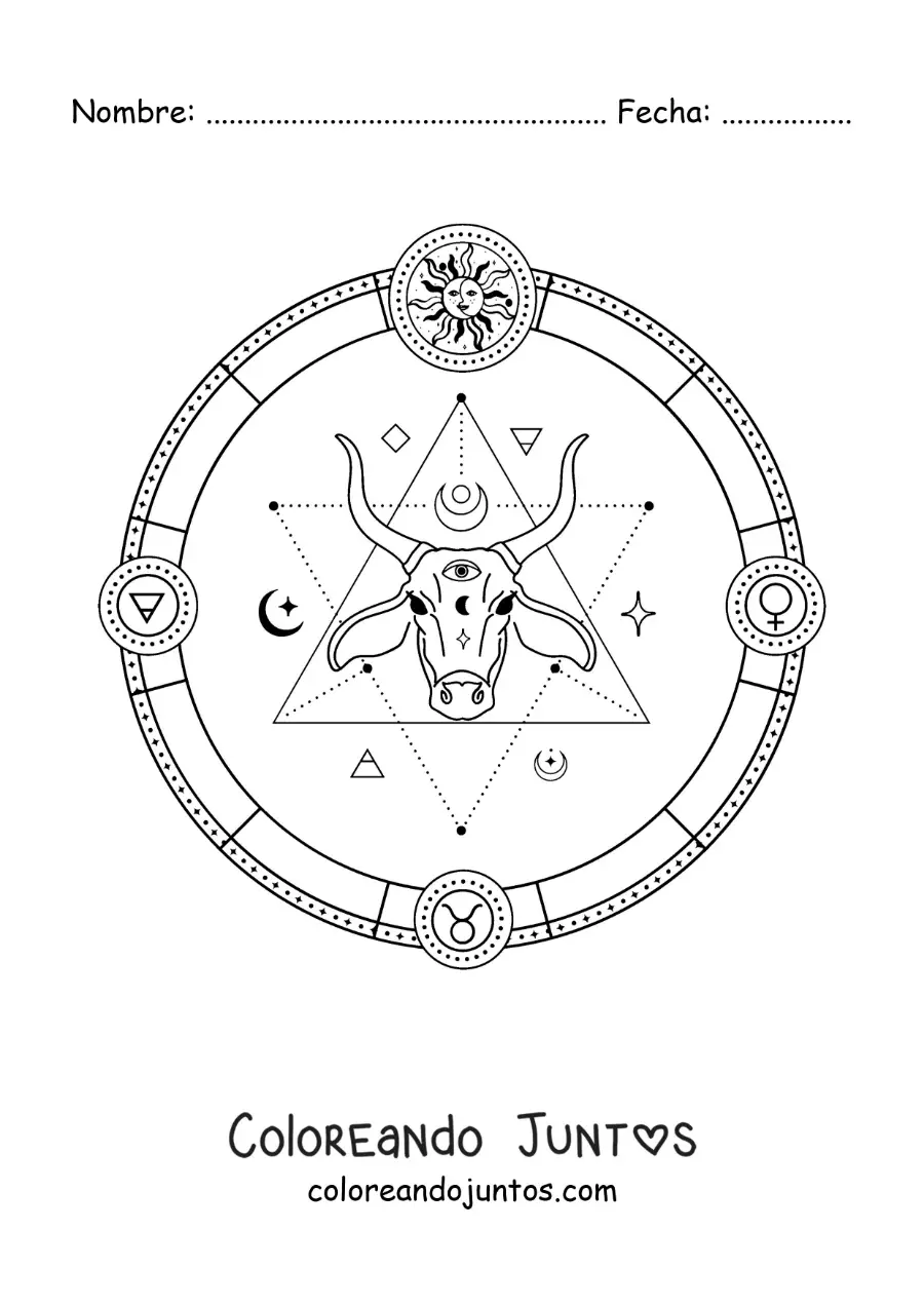 Imagen para colorear de signo zodiacal tauro con sus símbolos