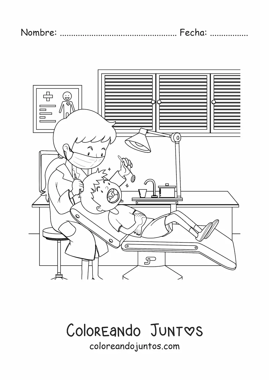 Imagen para colorear de una dentista y un niño en la consulta odontológica