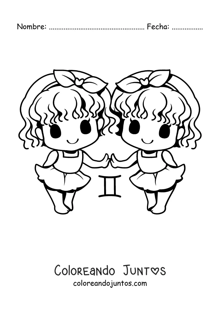 Imagen para colorear de gemelas del signo géminis kawaii animadas