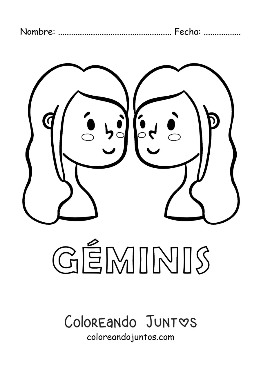Imagen para colorear de gemelas de géminis animadas con el nombre del signo