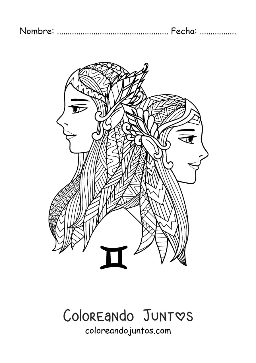 Imagen para colorear de mandala de chicas del signo zodiacal géminis