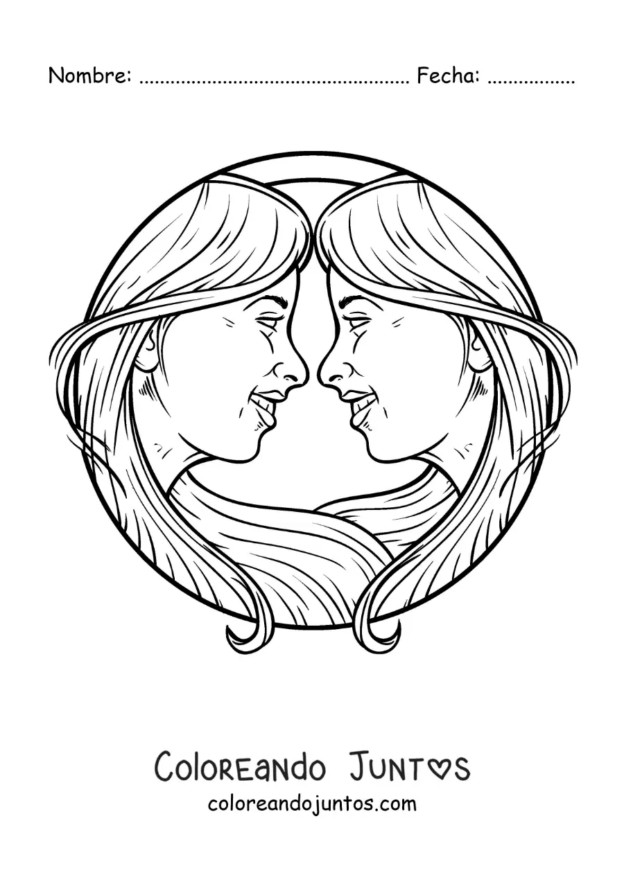 Imagen para colorear del rostro de dos chicas realistas del signo géminis