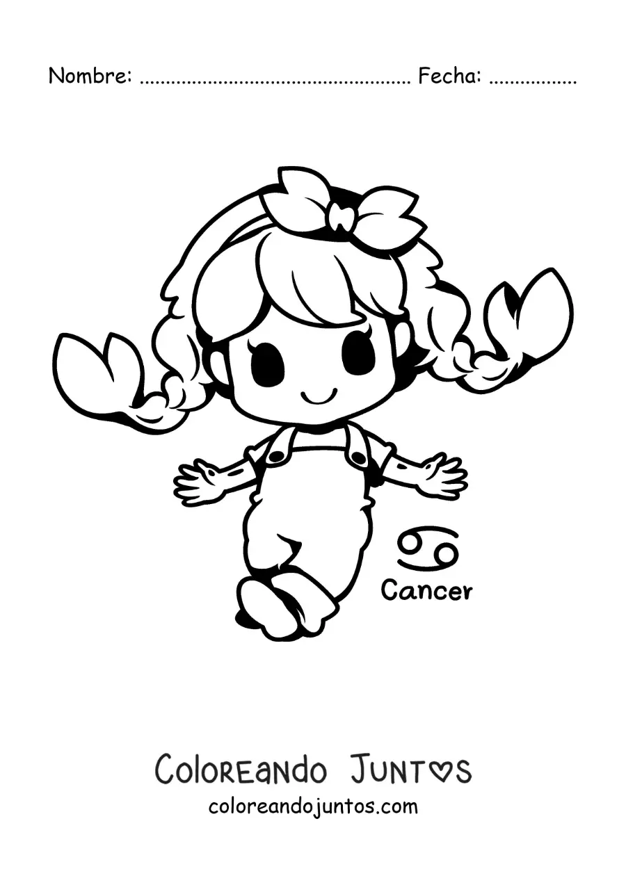Imagen para colorear de chica del signo cáncer animada kawaii con su símbolo