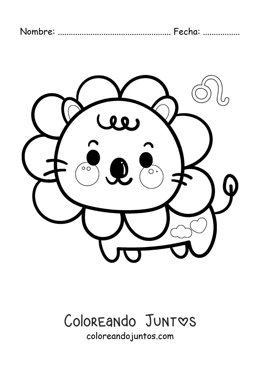 Imagen para colorear de león del signo leo animado kawaii con su símbolo