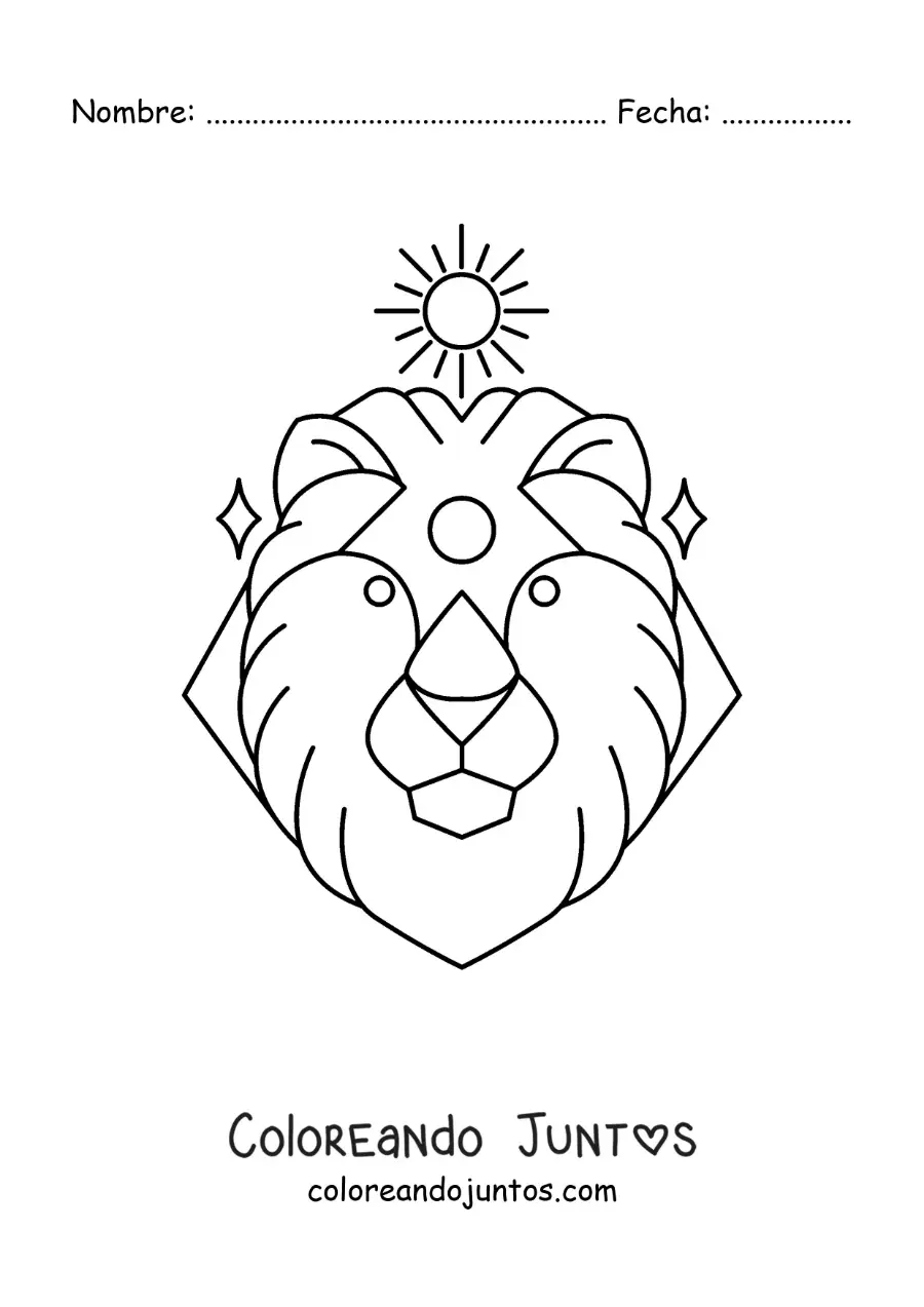 Imagen para colorear de león del signo zodiacal leo con un sol