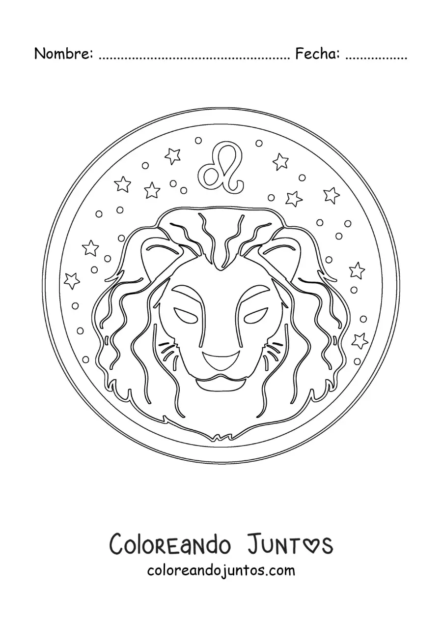 Imagen para colorear de león del signo zodiacal leo con su símbolo y estrellas