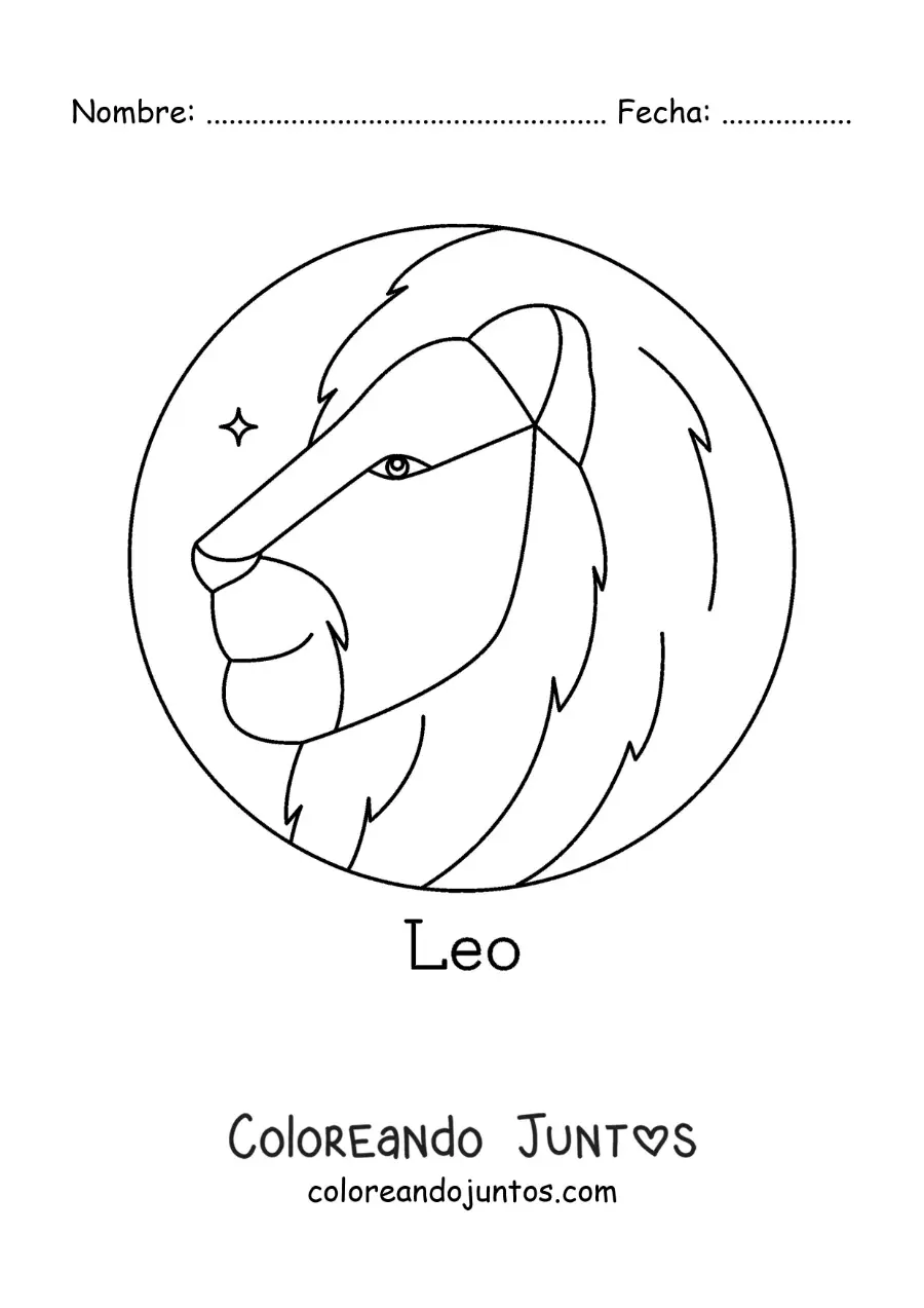 Imagen para colorear de león de leo con el nombre del signo