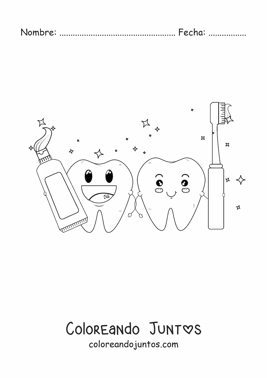 Imagen para colorear de dos dientes animados sujetando un cepillo y una pasta dental