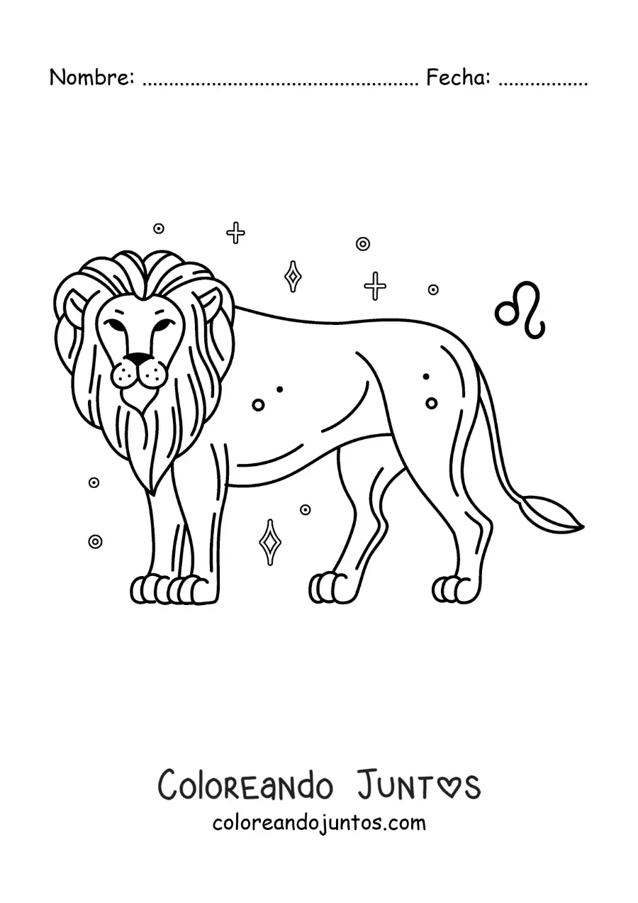 Imagen para colorear de león del signo leo con su símbolo y estrellas