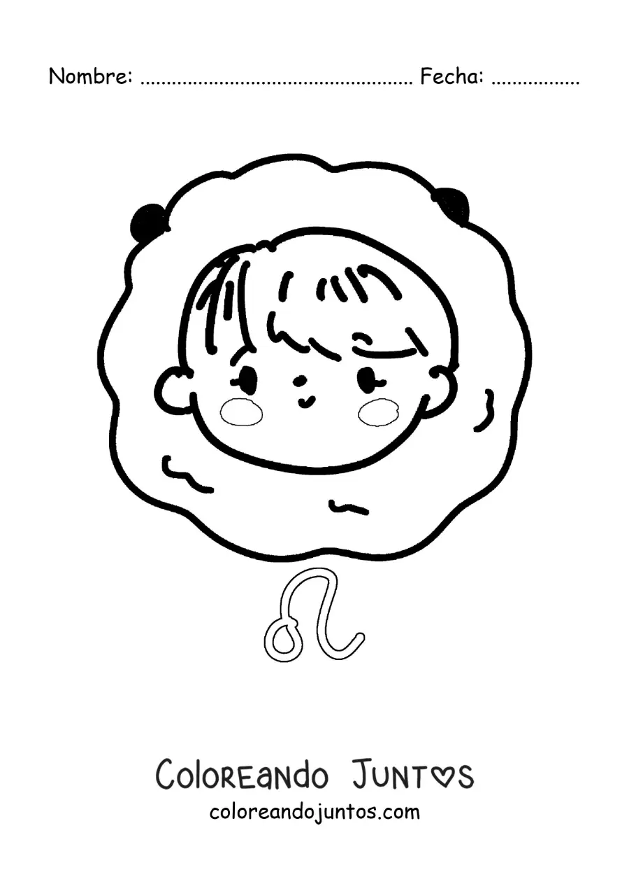 Imagen para colorear de chica kawaii del signo leo con su símbolo