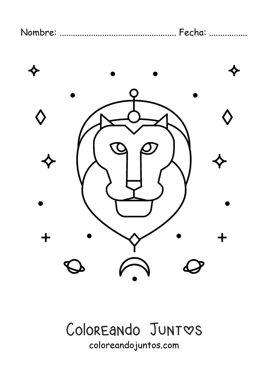 Imagen para colorear del león del signo leo con estrellas y astros
