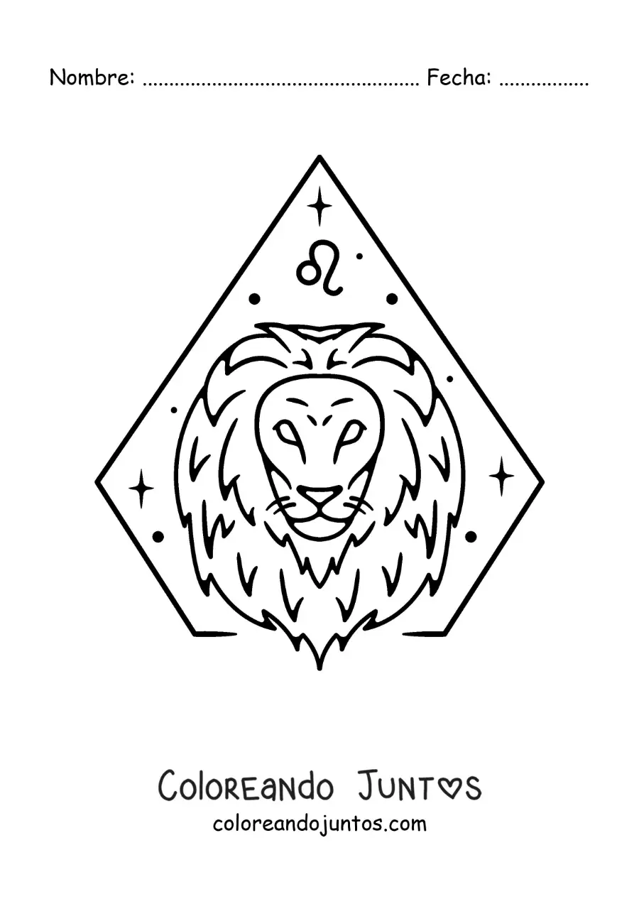 Imagen para colorear de león del signo zodiacal leo fácil con su símbolo y estrellas