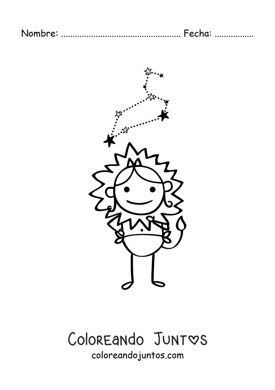 Imagen para colorear de caricatura de un personaje del signo leo con su constelación