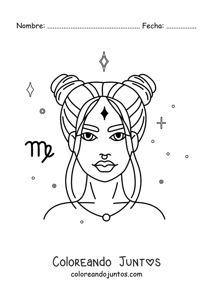 Imagen para colorear de mujer del signo virgo con estrellas y su símbolo