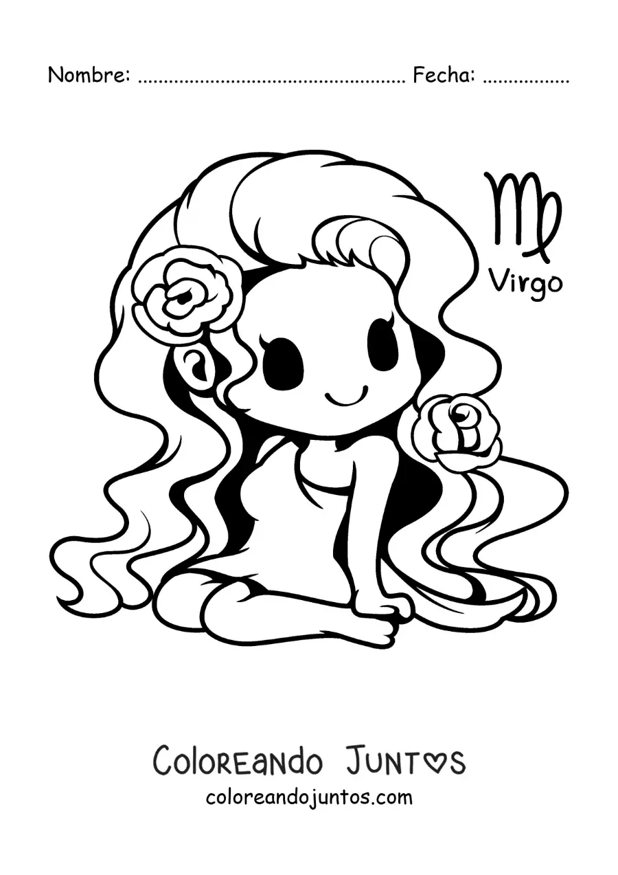 Imagen para colorear de chica kawaii del signo virgo con su símbolo