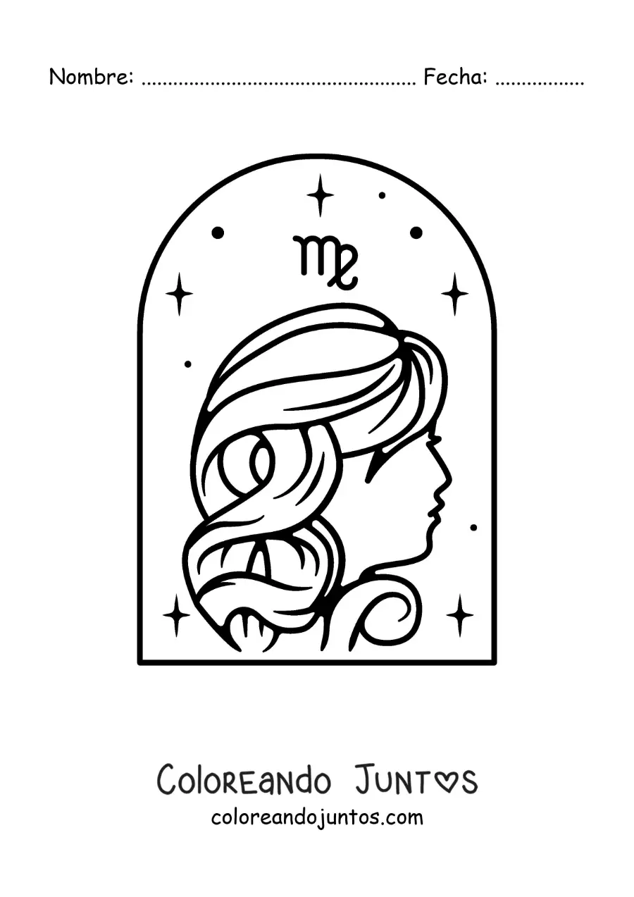 Imagen para colorear de chica del signo virgo con su símbolo y estrellas