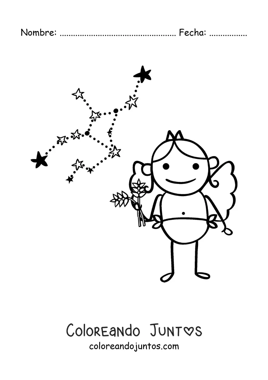 Imagen para colorear de caricatura de un personaje del signo virgo con su constelación
