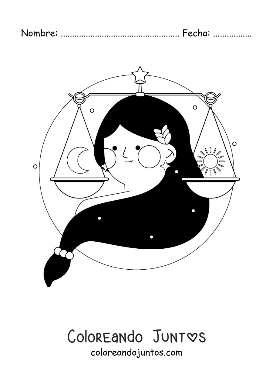 Imagen para colorear de mujer del signo del zodiaco Libra con su símbolo